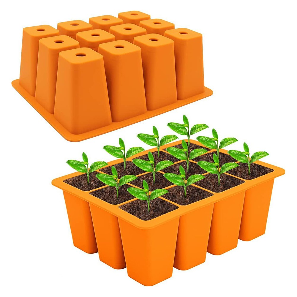 12 Cells Plant Seedling Tray Reusable Silicone Seed Starter Trays Pots Orange