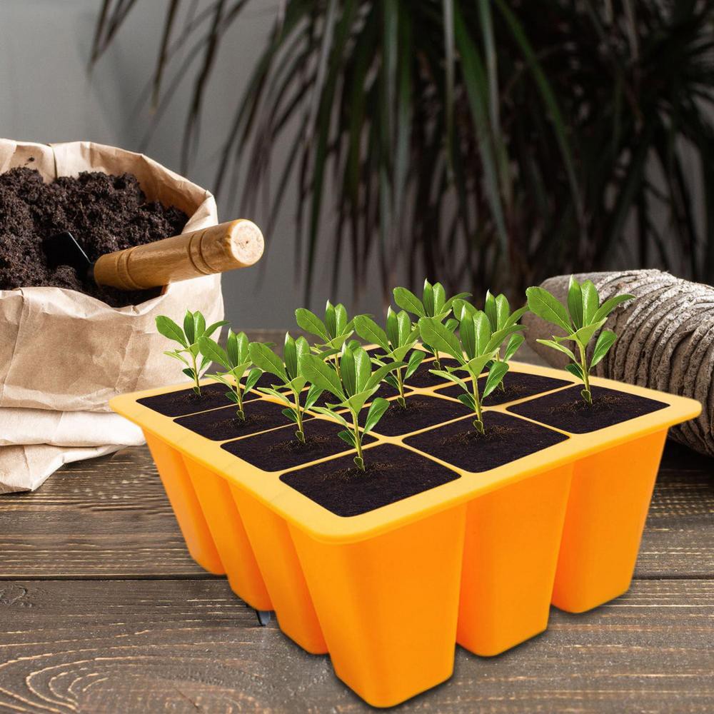 12 Cells Plant Seedling Tray Reusable Silicone Seed Starter Trays Pots Orange