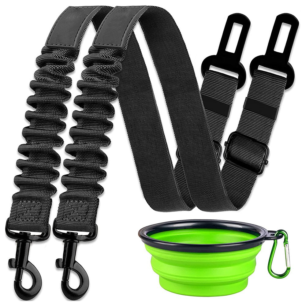 2Pcs Black Retractable Dog Car Seatbelts and Foldable Bowl Set Adjustable Pet Safety Seat Belt