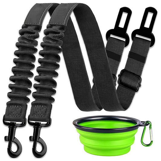 2Pcs Black Retractable Dog Car Seatbelts and Foldable Bowl Set Adjustable Pet Safety Seat Belt