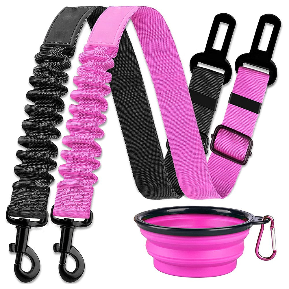 2Pcs Black and Pink Retractable Dog Car Seatbelts and Foldable Bowl Set Adjustable Pet Safety Seat Belt