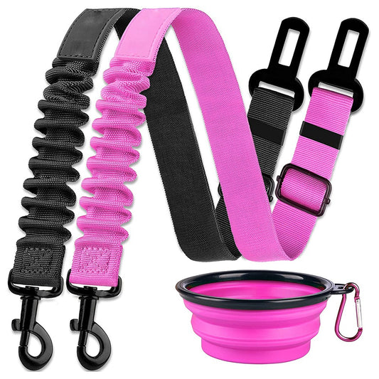 2Pcs Black and Pink Retractable Dog Car Seatbelts and Foldable Bowl Set Adjustable Pet Safety Seat Belt