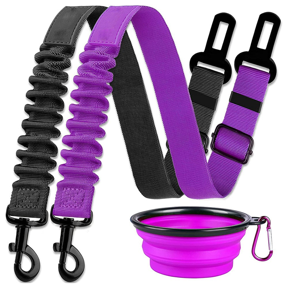 2Pcs Black and Purple Retractable Dog Car Seatbelts and Foldable Bowl Set Adjustable Pet Safety Seat Belt