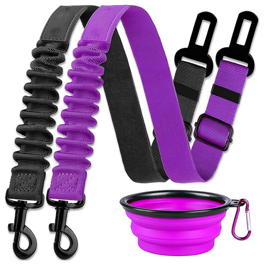 2Pcs Black and Purple Retractable Dog Car Seatbelts and Foldable Bowl Set Adjustable Pet Safety Seat Belt