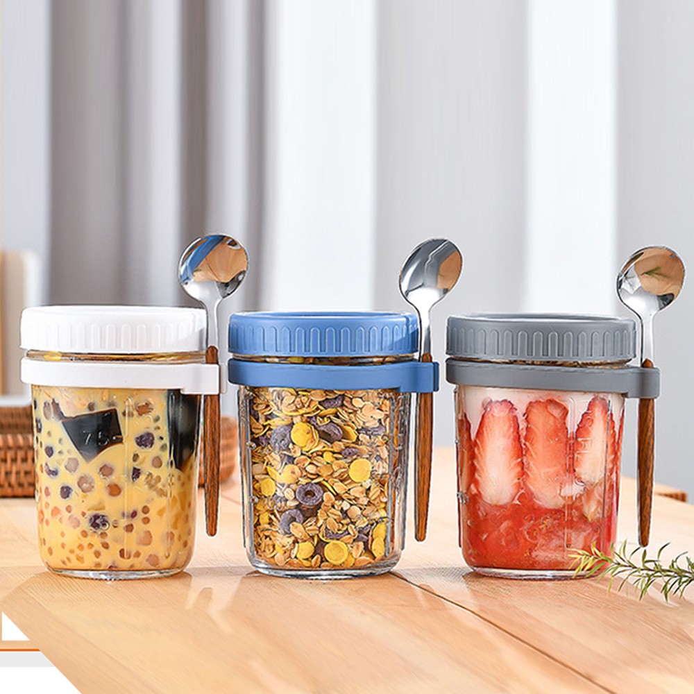 2 X 350ml Overnight Oats Glass Container with Lids and Spoon Overnight Oats Mason Jars Salad Cups Blue
