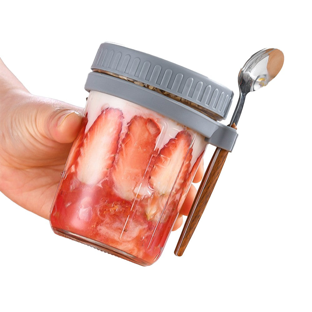 2 X 350ml Overnight Oats Glass Container with Lids and Spoon Overnight Oats Mason Jars Salad Cups Grey
