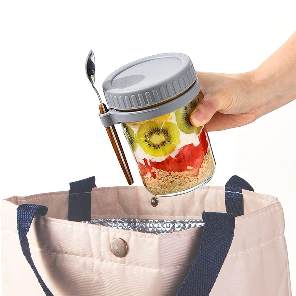2 X 350ml Overnight Oats Glass Container with Lids and Spoon Overnight Oats Mason Jars Salad Cups Grey