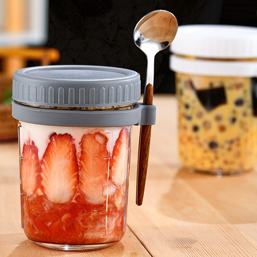 2 X 350ml Overnight Oats Glass Container with Lids and Spoon Overnight Oats Mason Jars Salad Cups Grey
