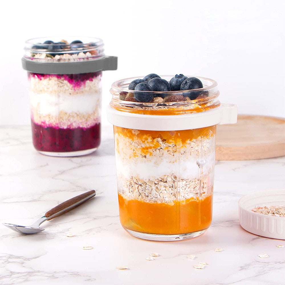 2 X 350ml Overnight Oats Glass Container with Lids and Spoon Overnight Oats Mason Jars Salad Cups White
