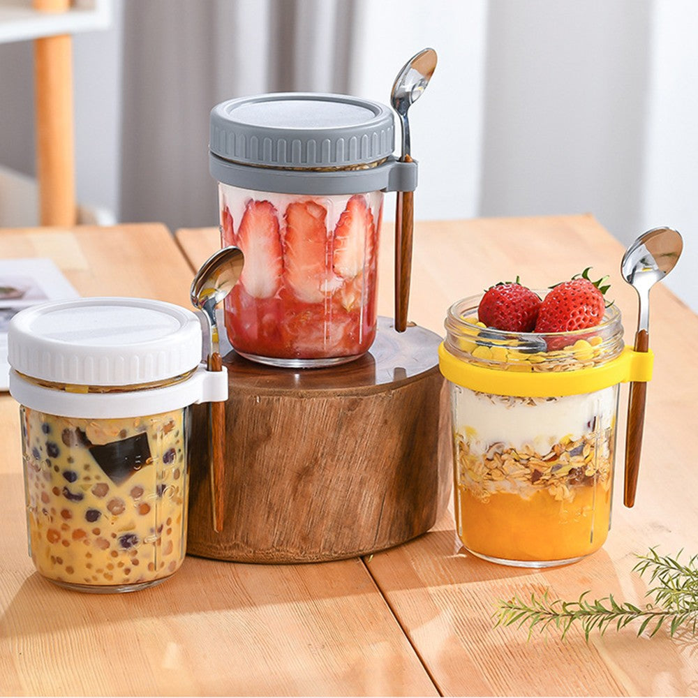 2 X 350ml Overnight Oats Glass Container with Lids and Spoon Overnight Oats Mason Jars Salad Cups White