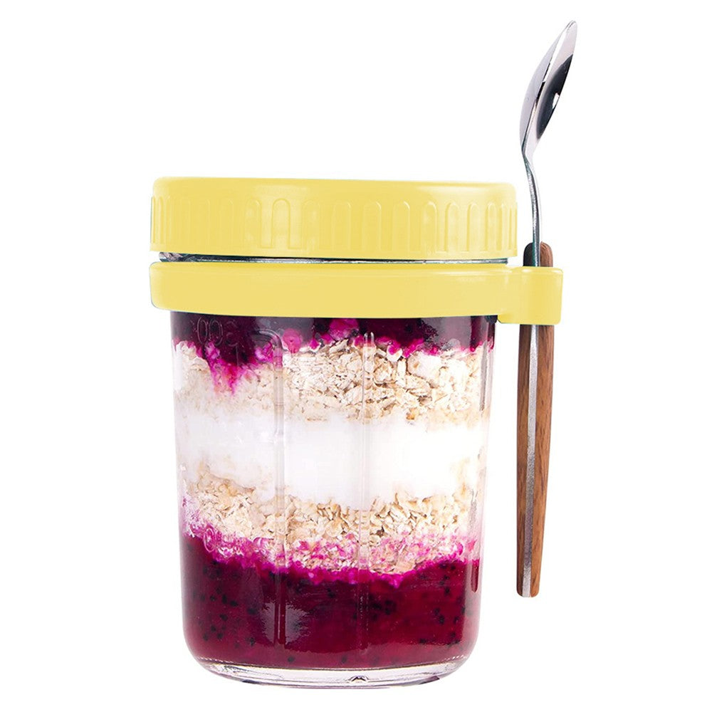 2 X 350ml Overnight Oats Glass Container with Lids and Spoon Overnight Oats Mason Jars Salad Cups Yellow