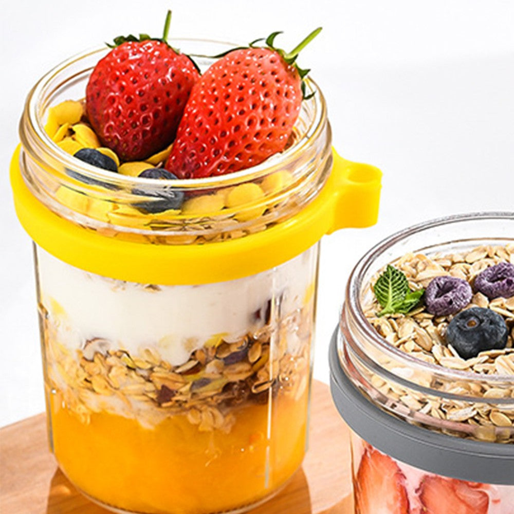 2 X 350ml Overnight Oats Glass Container with Lids and Spoon Overnight Oats Mason Jars Salad Cups Yellow