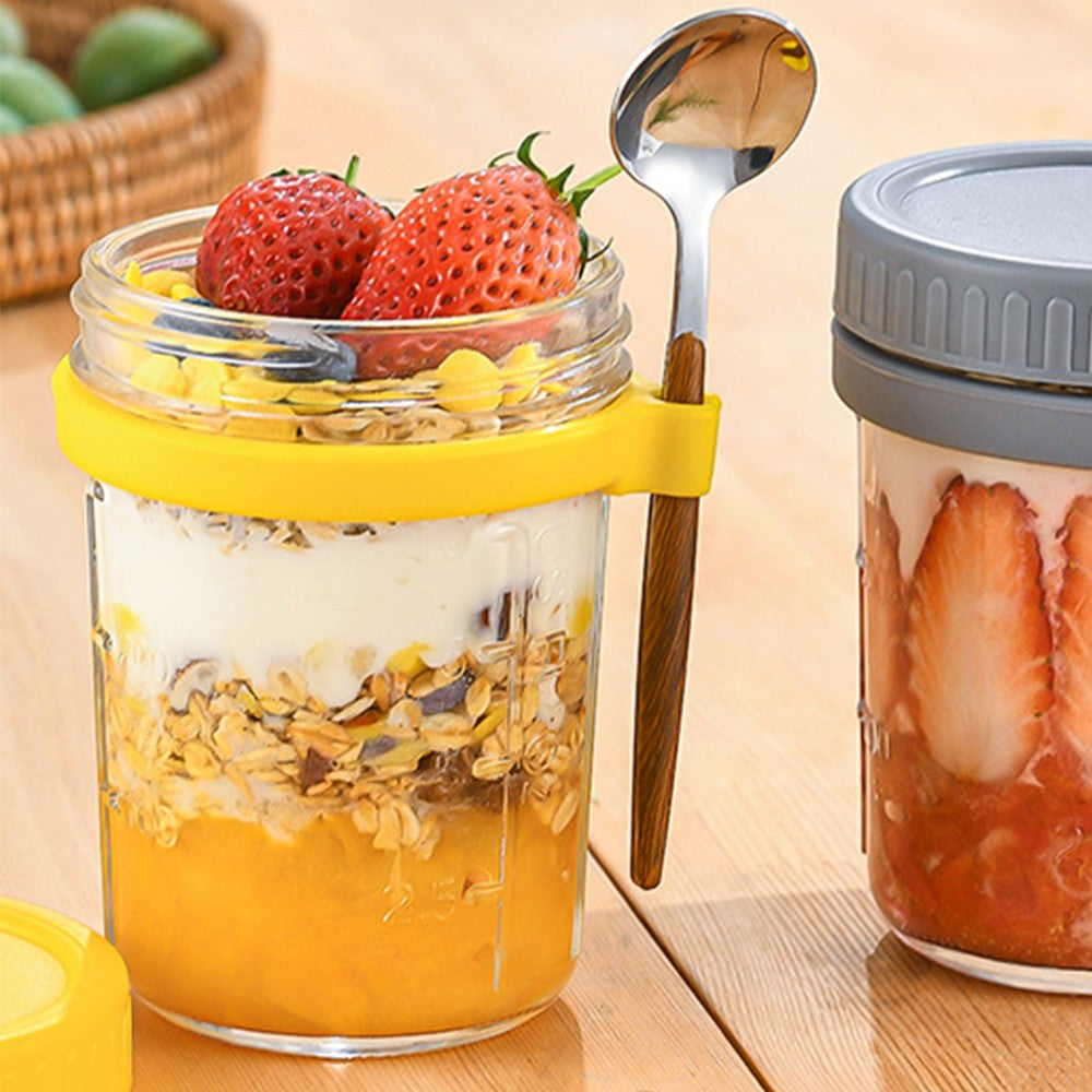 2 X 350ml Overnight Oats Glass Container with Lids and Spoon Overnight Oats Mason Jars Salad Cups Yellow