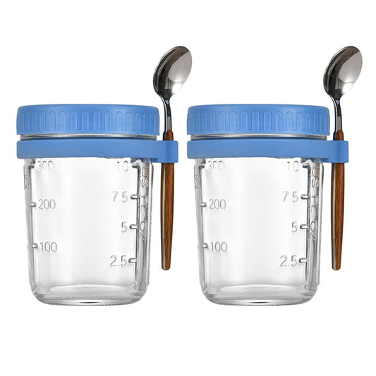 2 X 350ml Overnight Oats Glass Container with Lids and Spoon Overnight Oats Mason Jars Salad Cups Blue