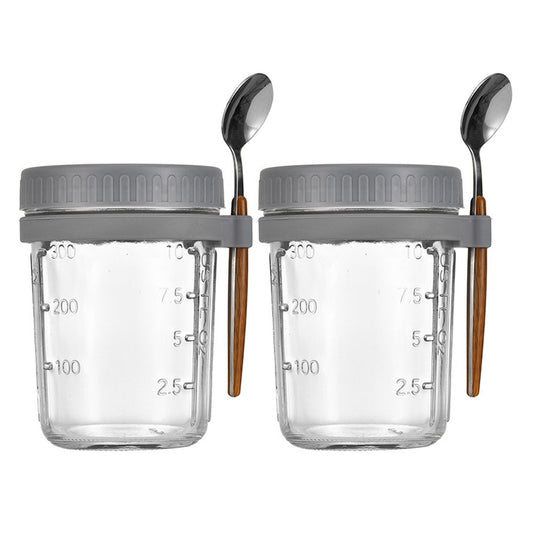 2 X 350ml Overnight Oats Glass Container with Lids and Spoon Overnight Oats Mason Jars Salad Cups Grey