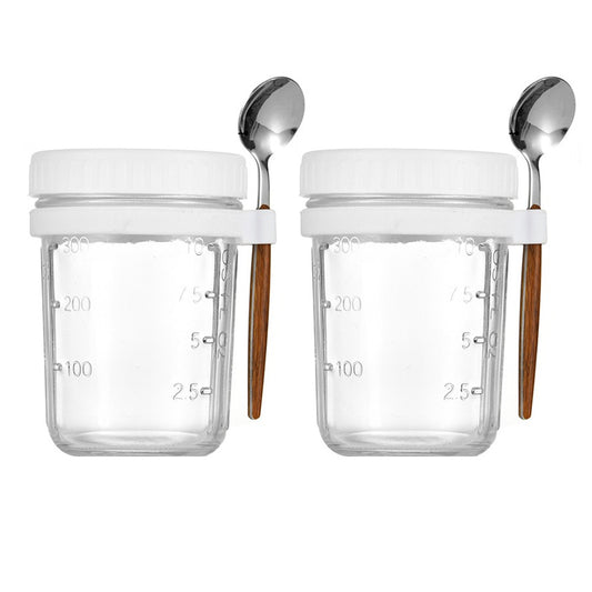 2 X 350ml Overnight Oats Glass Container with Lids and Spoon Overnight Oats Mason Jars Salad Cups White