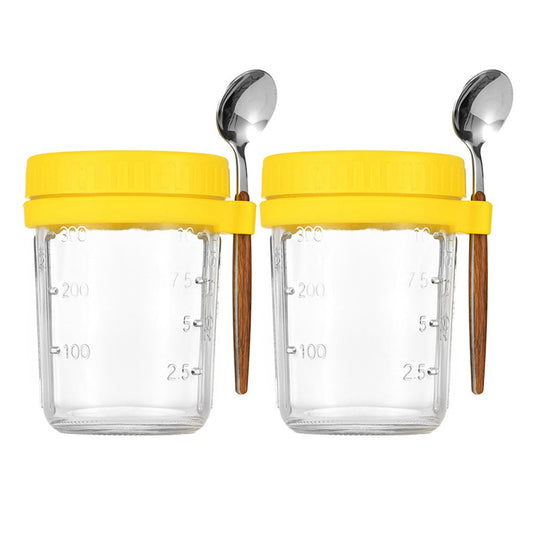 2 X 350ml Overnight Oats Glass Container with Lids and Spoon Overnight Oats Mason Jars Salad Cups Yellow