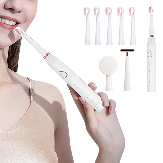 3 in 1 Multifunction Electric Toothbrush Rechargeable Smart Timer Cleaning Toothbrush with 5 Brush Head White