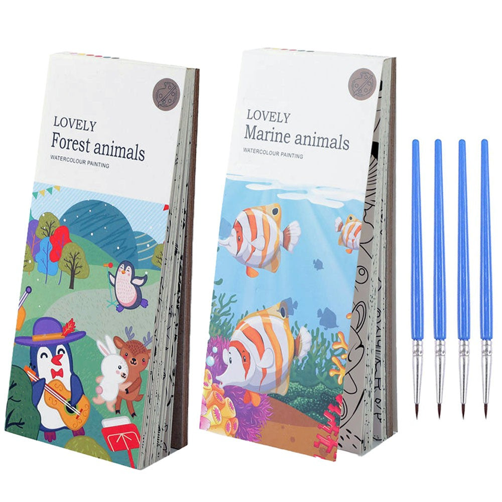 2 X Portable Kids Watercolor Painting Book with Brush Pocket Painting Bookmark