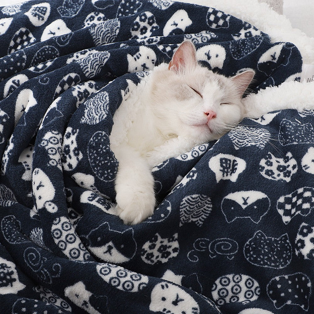 80x60cm Double Layer Pet Winter Warm Blanket Cat Dog Plush Blanket Flannel Throw Blanket Navy Blue