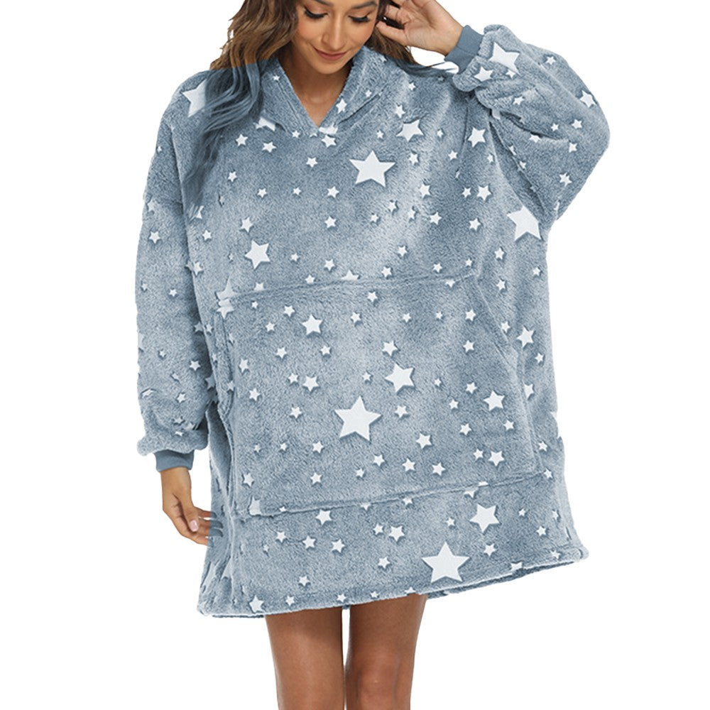Glow in The Dark Unisex Hooded Blanket Sherpa Wearable Blanket Oversized Blanket Hoodie Blue