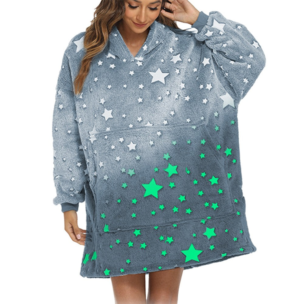 Glow in The Dark Unisex Hooded Blanket Sherpa Wearable Blanket Oversized Blanket Hoodie Blue
