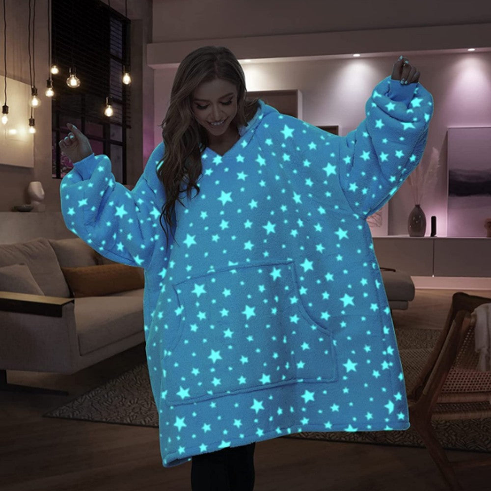 Glow in The Dark Unisex Hooded Blanket Sherpa Wearable Blanket Oversized Blanket Hoodie Blue