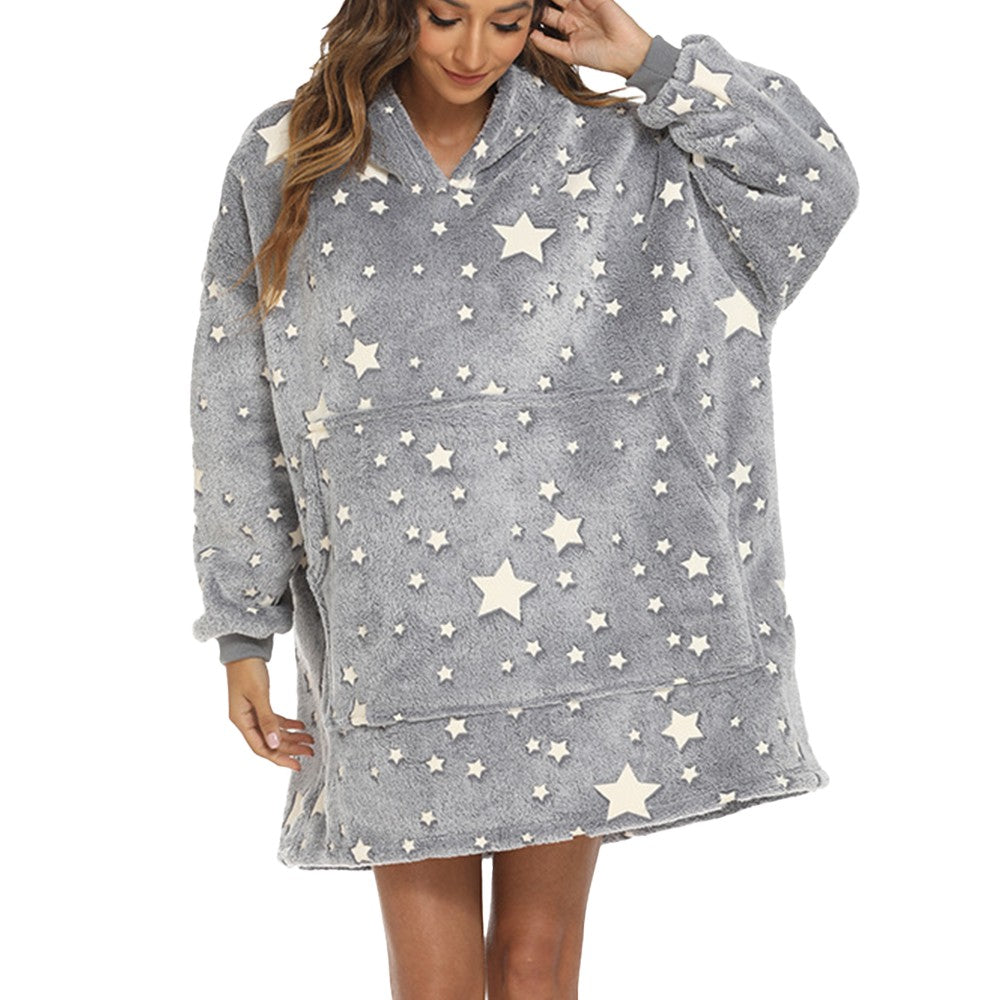 Glow in The Dark Unisex Hooded Blanket Sherpa Wearable Blanket Oversized Blanket Hoodie Grey