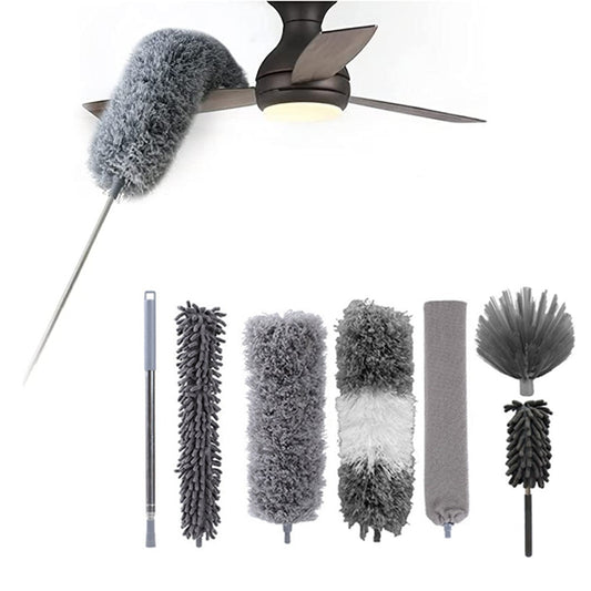 Set of 7Pcs Reusable Microfiber Duster Bendable Dusters Cleaning Tools with Retractable Extension Pole