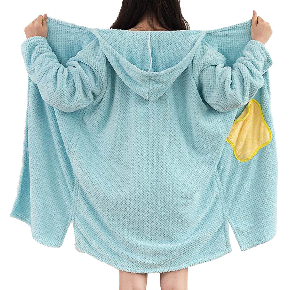 Wearable Bath Towel with Hood Oversized Beach Towel Swim Robe Poncho Blue