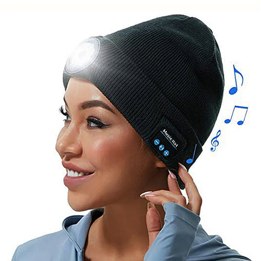 Bluetooth Beanie Hat Wireless Headphones Head Light Beanie Head Warmer Black