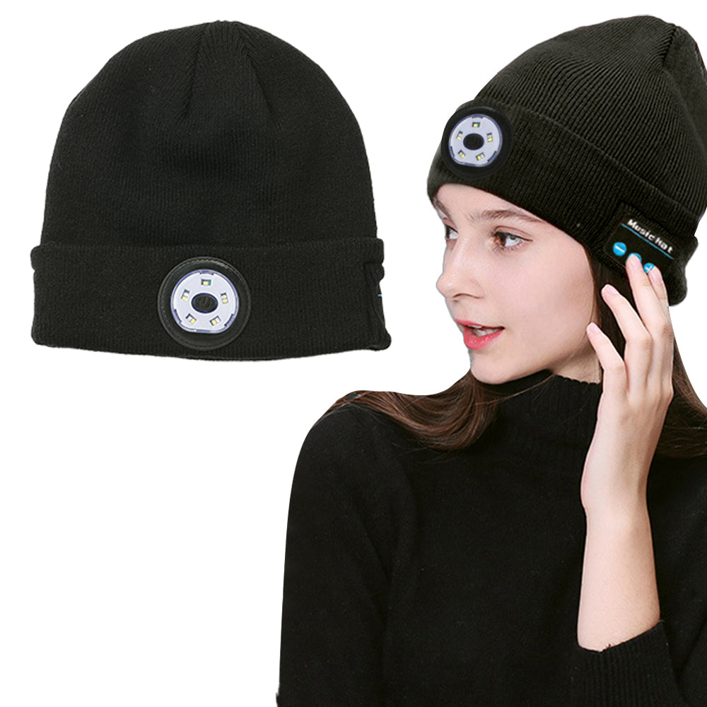 Bluetooth Beanie Hat Wireless Headphones Head Light Beanie Head Warmer Black