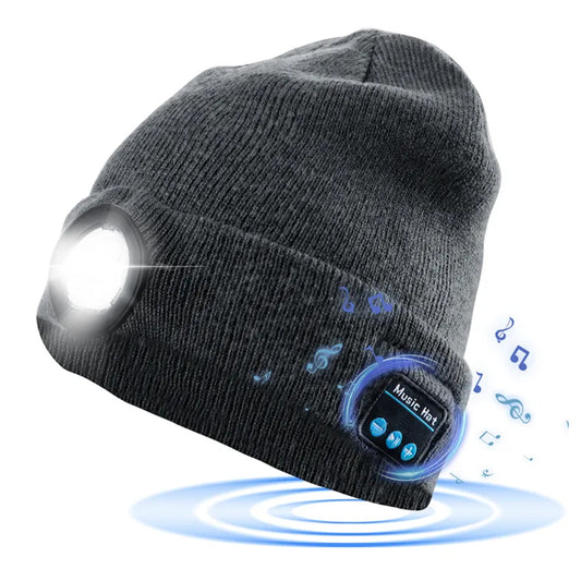 Bluetooth Beanie Hat Wireless Headphones Head Light Beanie Head Warmer Grey