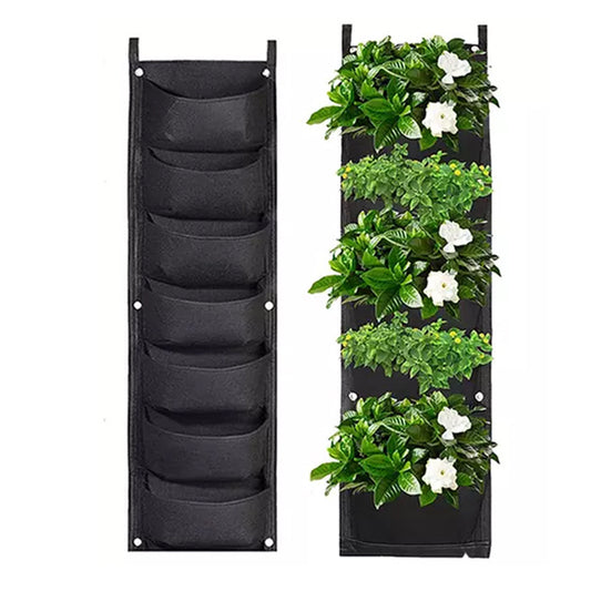 100cm Garden Planting Bag 7 Pocket Flower Grow Pouch Wall Hanging Planter Black