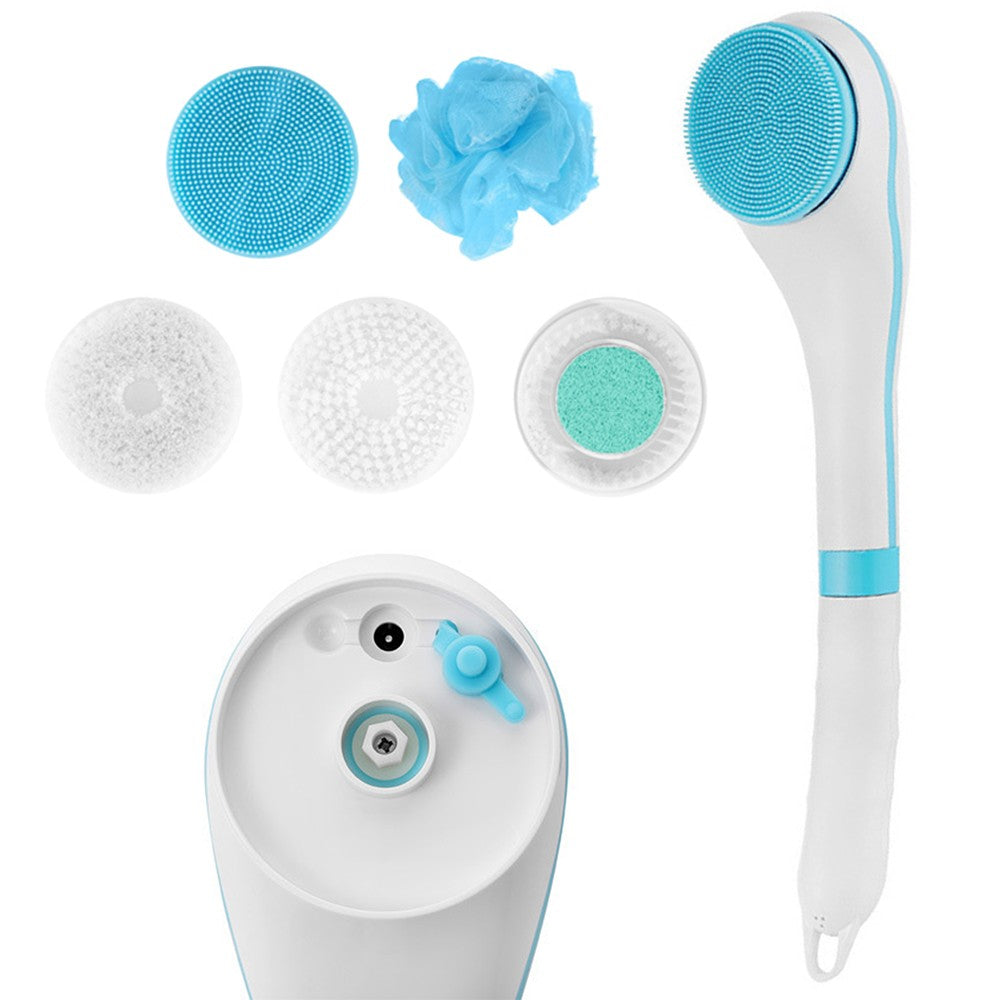 Electric Shower Body Brush Long Handle Back Scrubber Body Exfoliator with 5 Brush Heads Blue