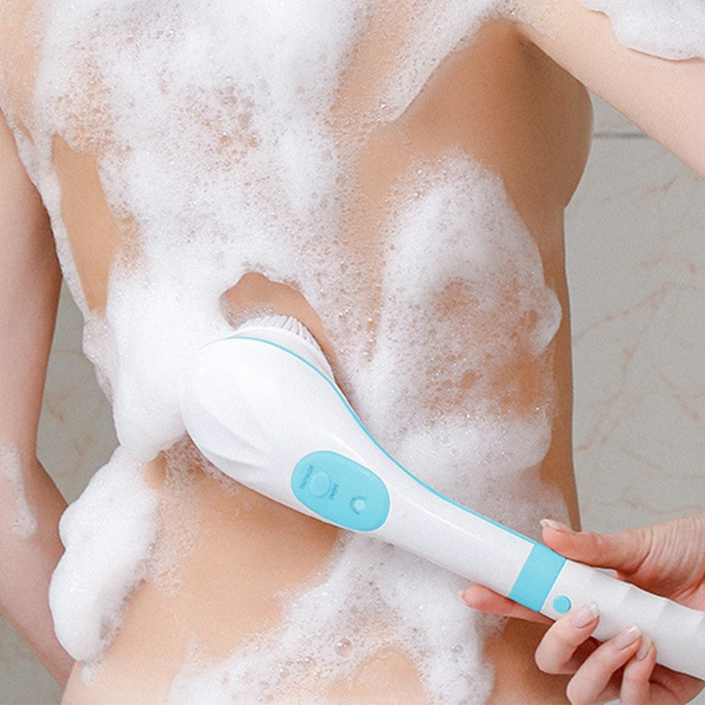 Electric Shower Body Brush Long Handle Back Scrubber Body Exfoliator with 5 Brush Heads Blue