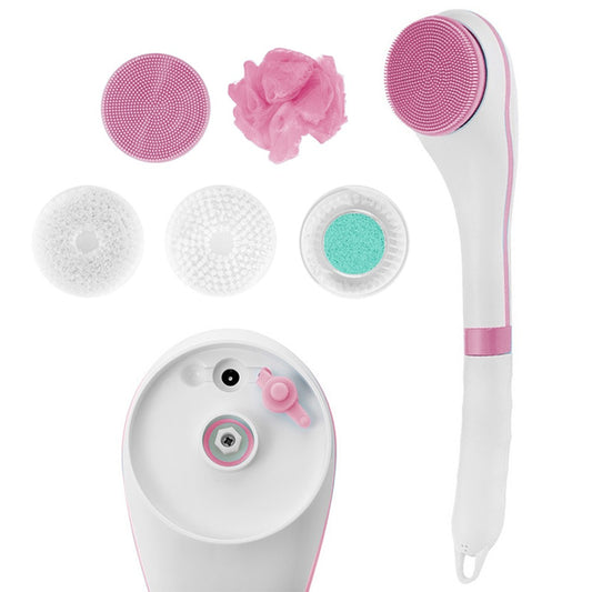 Electric Body Brush Rechargeable Shower Brush with Long Handle Bath Back Scrubber with 5 Brush Heads Pink