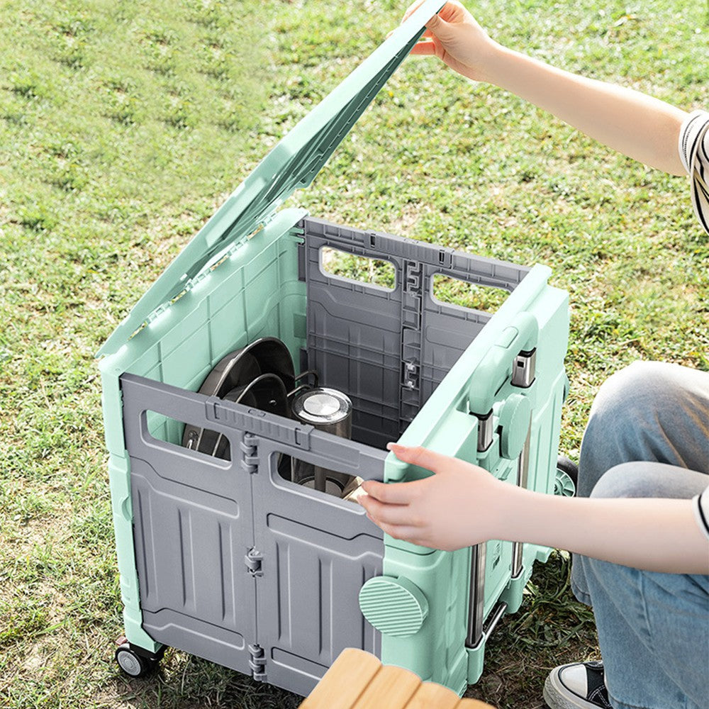 Folding Utility Cart Rolling Crate Handcart with Lid Telescoping Handle for Camping Shopping Green