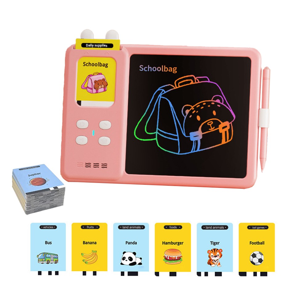 Kids LCD Writing Tablet with 224 Words Talking Flash Cards Preschool Words Learning Drawing Board Pink