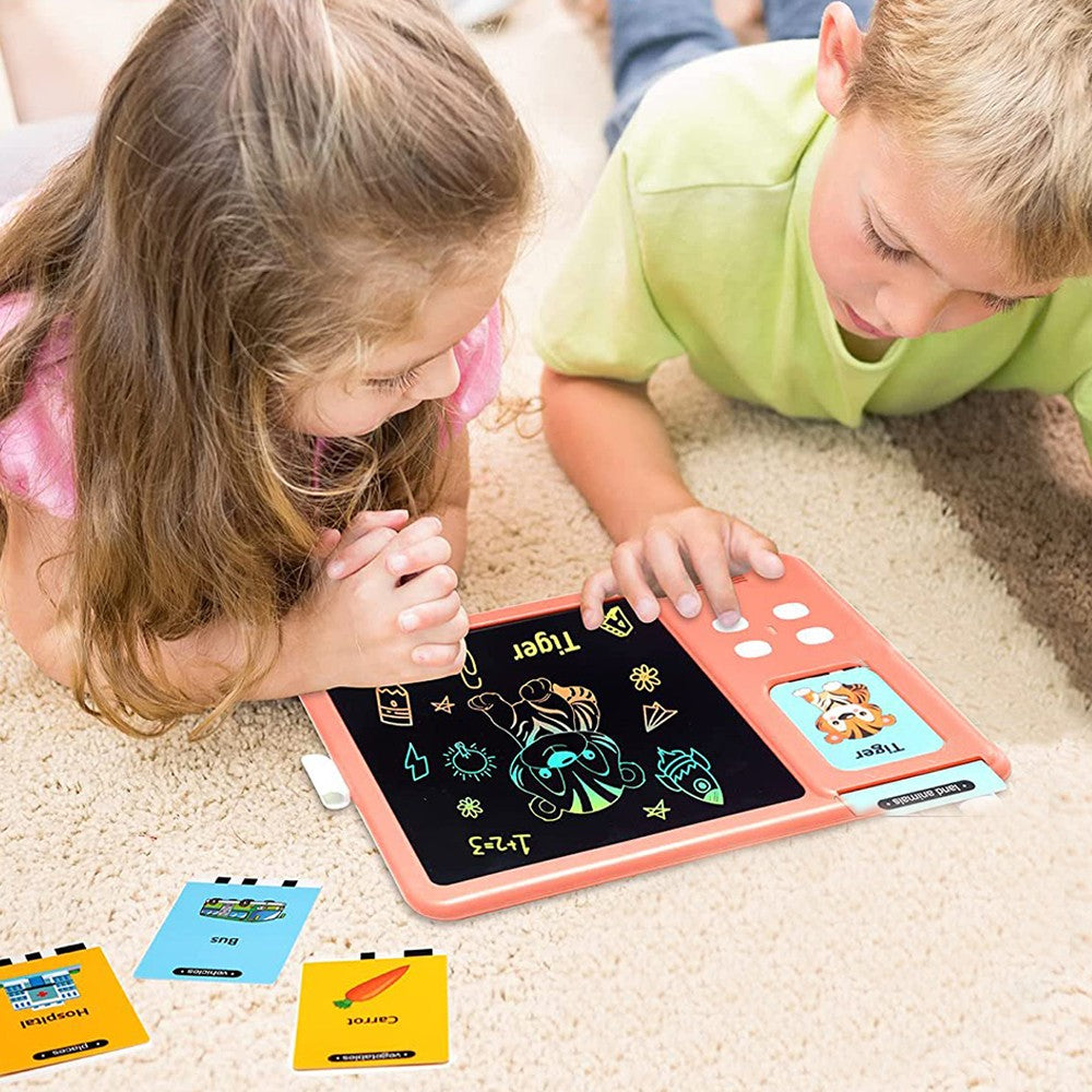 Kids LCD Writing Tablet with 224 Words Talking Flash Cards Preschool Words Learning Drawing Board Pink
