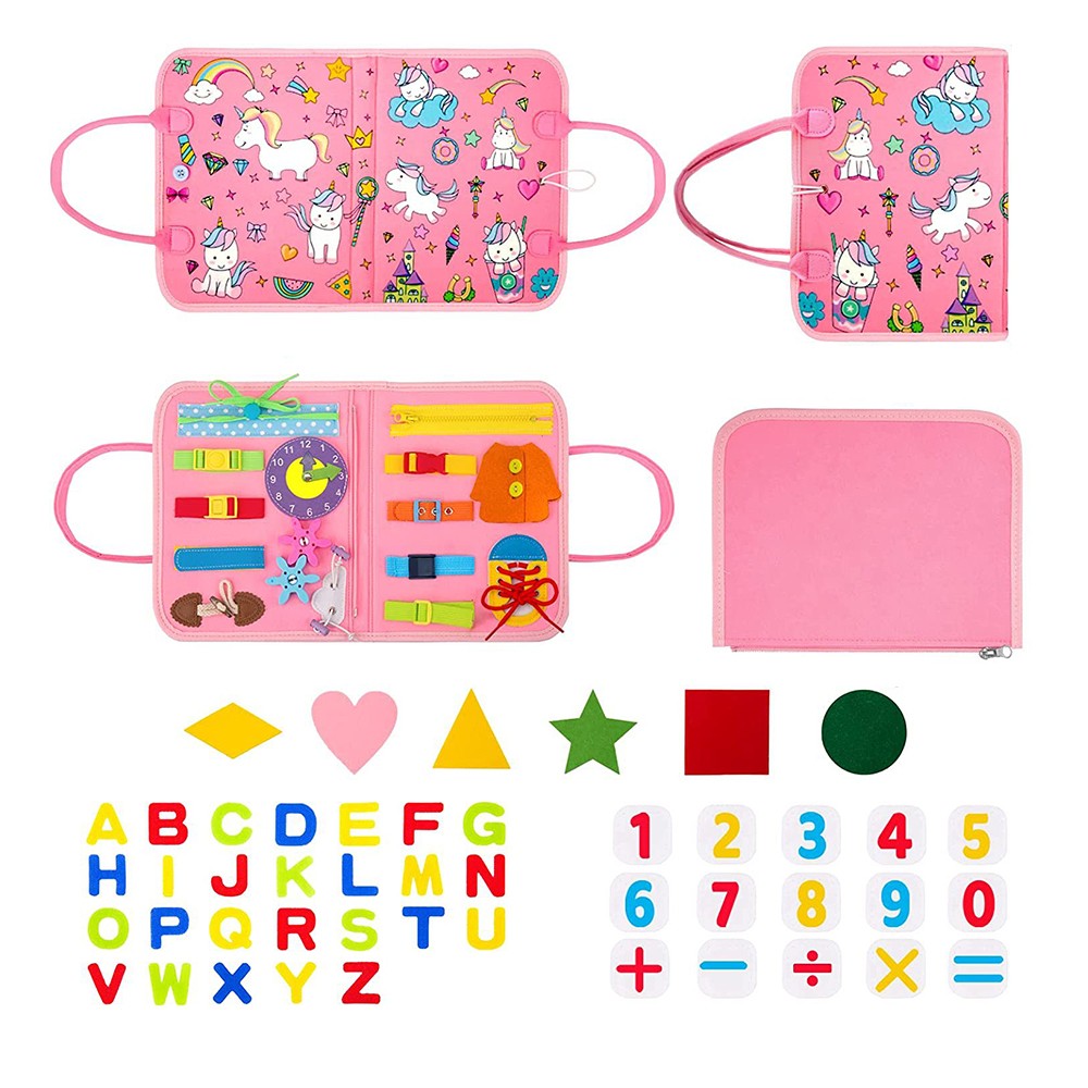 Montessori Busy Board Toy Felt Toddler Travel Educational Toy Pink Unicorn Style