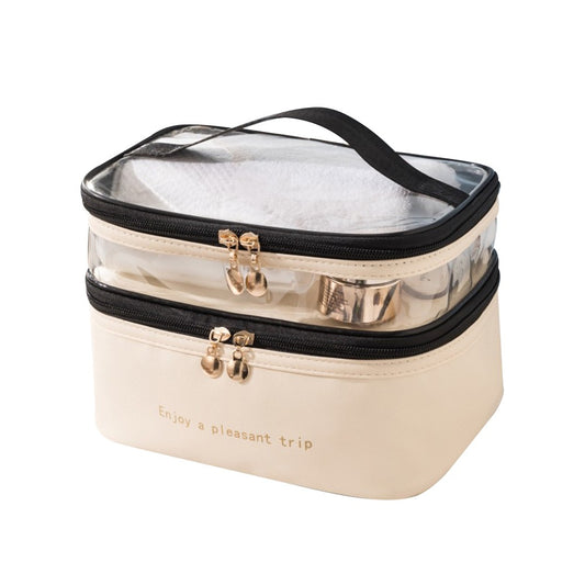Double Layer Makeup Bag PU Leather Cosmetic Bag Toiletry Bags Travel Essentials Storage Bag Beige
