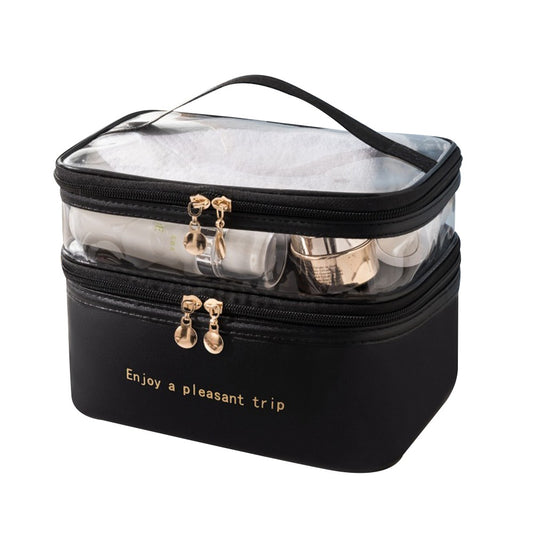 Double Layer Makeup Bag PU Leather Cosmetic Bag Toiletry Bags Travel Essentials Storage Bag Black