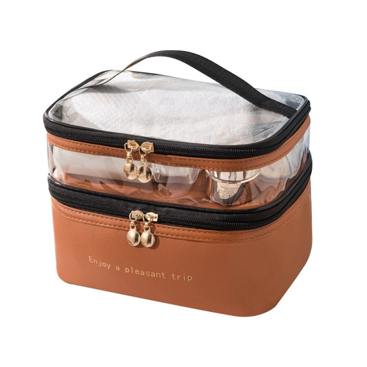 Double Layer Makeup Bag PU Leather Cosmetic Bag Toiletry Bags Travel Essentials Storage Bag Brown