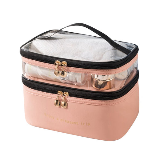 Double Layer Makeup Bag PU Leather Cosmetic Bag Toiletry Bags Travel Essentials Storage Bag Pink
