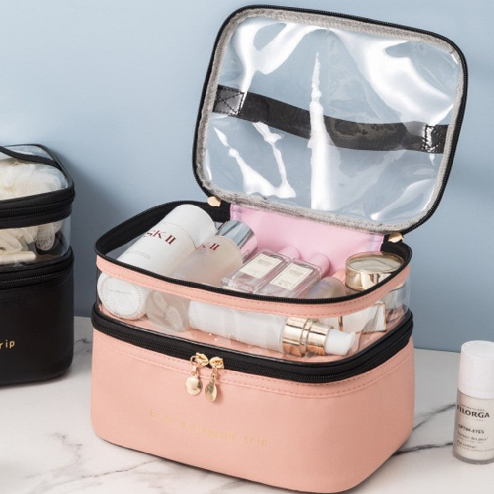 Double Layer Makeup Bag PU Leather Cosmetic Bag Toiletry Bags Travel Essentials Storage Bag Pink