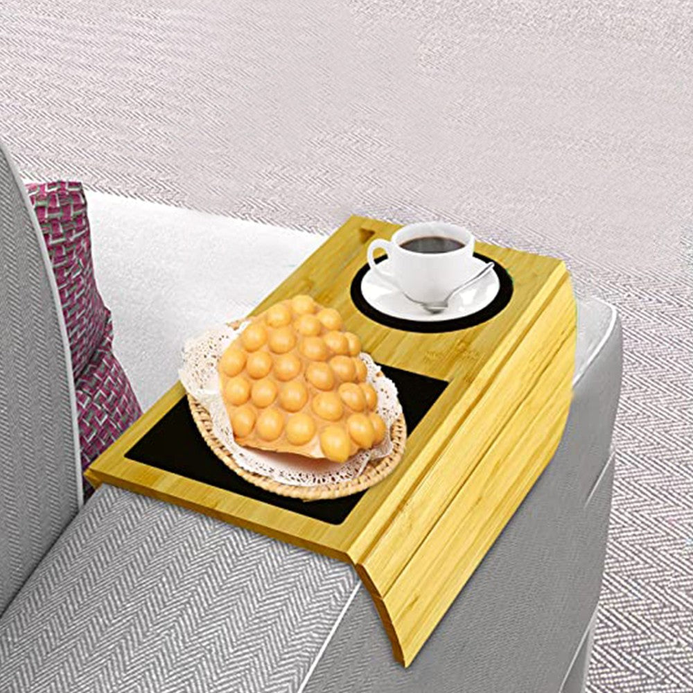2 X Bamboo Sofa Arm Tray Table Non-slip Couch Arm Snacks Tray Flexible Armrest Table