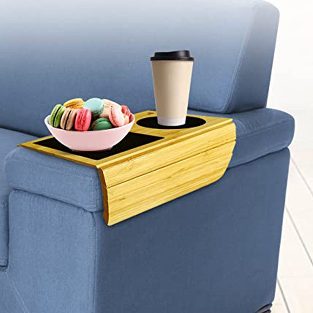 2 X Bamboo Sofa Arm Tray Table Non-slip Couch Arm Snacks Tray Flexible Armrest Table