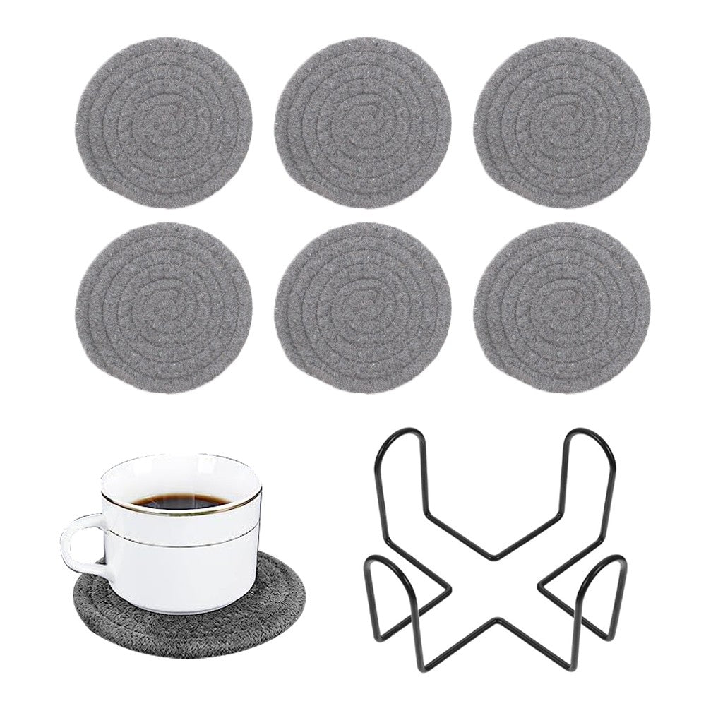 6Pcs Braided Drink Coasters Absorbent Coffee Cup Mats with Holder Dark Grey