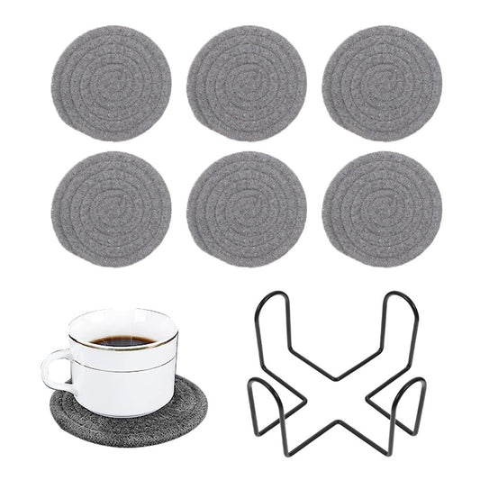 6Pcs Braided Drink Coasters Absorbent Coffee Cup Mats with Holder Dark Grey